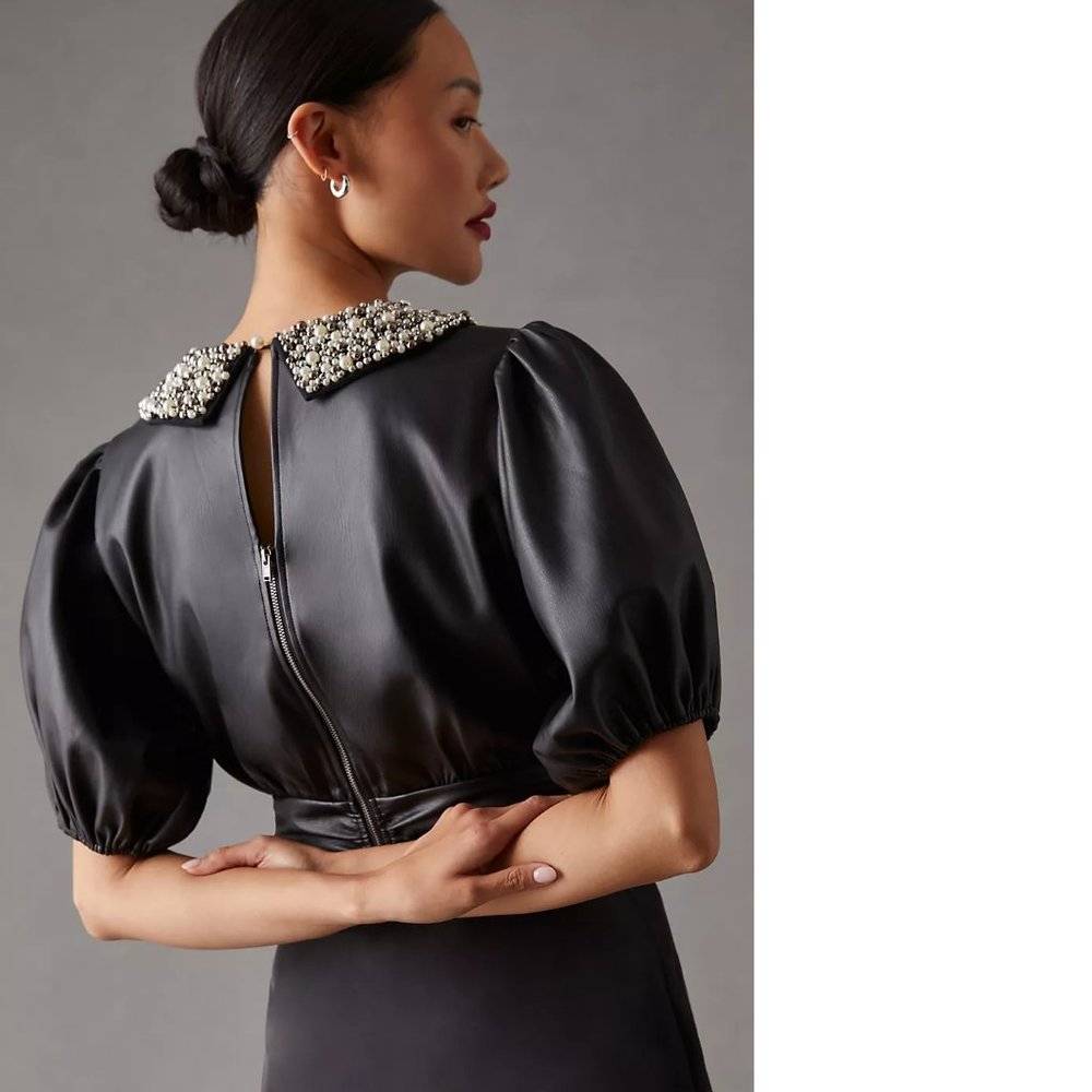 Anthropologie Maeve Faux Leather Puff-Sleeve Blouse XL new Embellished collar - Picture 5 of 8